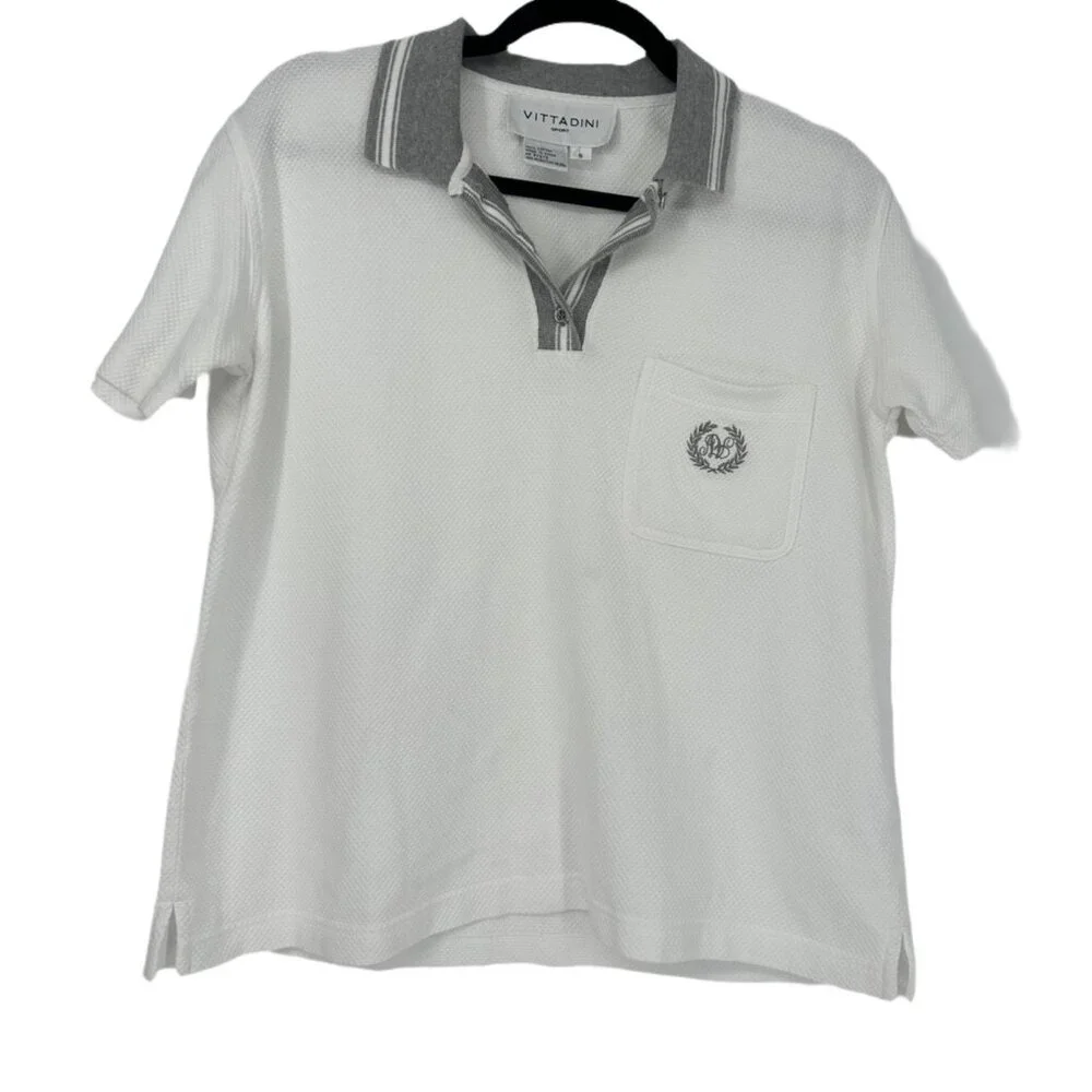 Vittadini Sport White Pique Polo Shirt Gray Trim Small - Picture 4 of 7